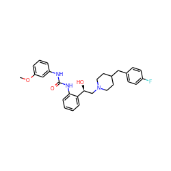 COc1cccc(NC(=O)Nc2ccccc2[C@@H](O)CN2CCC(Cc3ccc(F)cc3)CC2)c1 ZINC000013475803