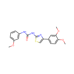 COc1cccc(NC(=O)Nc2nc(-c3ccc(OC)c(OC)c3)cs2)c1 ZINC000003165750