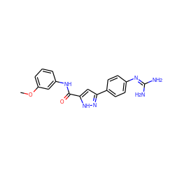 COc1cccc(NC(=O)c2cc(-c3ccc(N=C(N)N)cc3)n[nH]2)c1 ZINC000222137899