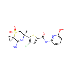 COc1cccc(NC(=O)c2cc(Cl)c([C@]3(C)CS(=O)(=O)C4(CC4)C(N)=N3)s2)n1 ZINC000217748324