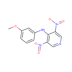 COc1cccc(Nc2c([N+](=O)[O-])cncc2[N+](=O)[O-])c1 ZINC000003879140