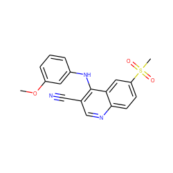 COc1cccc(Nc2c(C#N)cnc3ccc(S(C)(=O)=O)cc23)c1 ZINC000040914441