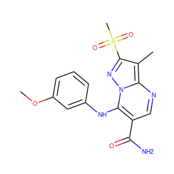 COc1cccc(Nc2c(C(N)=O)cnc3c(C)c(S(C)(=O)=O)nn23)c1 ZINC000653785915