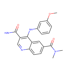 COc1cccc(Nc2c(C(N)=O)cnc3ccc(C(=O)N(C)C)cc23)c1 ZINC000038318382