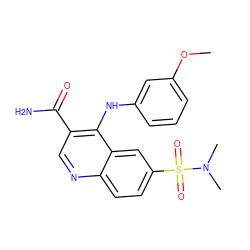 COc1cccc(Nc2c(C(N)=O)cnc3ccc(S(=O)(=O)N(C)C)cc23)c1 ZINC000013981025