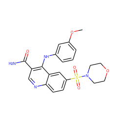 COc1cccc(Nc2c(C(N)=O)cnc3ccc(S(=O)(=O)N4CCOCC4)cc23)c1 ZINC000053133195