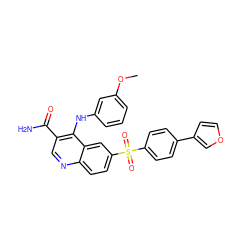 COc1cccc(Nc2c(C(N)=O)cnc3ccc(S(=O)(=O)c4ccc(-c5ccoc5)cc4)cc23)c1 ZINC000045254219