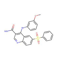 COc1cccc(Nc2c(C(N)=O)cnc3ccc(S(=O)(=O)c4ccccc4)cc23)c1 ZINC000036410275