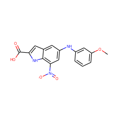 COc1cccc(Nc2cc([N+](=O)[O-])c3[nH]c(C(=O)O)cc3c2)c1 ZINC000103244200