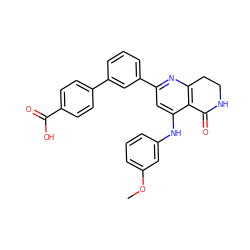 COc1cccc(Nc2cc(-c3cccc(-c4ccc(C(=O)O)cc4)c3)nc3c2C(=O)NCC3)c1 ZINC000116989384