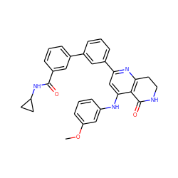 COc1cccc(Nc2cc(-c3cccc(-c4cccc(C(=O)NC5CC5)c4)c3)nc3c2C(=O)NCC3)c1 ZINC000116990274