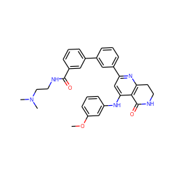 COc1cccc(Nc2cc(-c3cccc(-c4cccc(C(=O)NCCN(C)C)c4)c3)nc3c2C(=O)NCC3)c1 ZINC000116989568