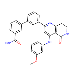 COc1cccc(Nc2cc(-c3cccc(-c4cccc(C(N)=O)c4)c3)nc3c2C(=O)NCC3)c1 ZINC000116991286