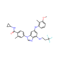 COc1cccc(Nc2cc(NCCC(F)(F)F)c3ncn(-c4ccc(C(=O)NC5CC5)c(C)c4)c3c2)c1C ZINC000147798773