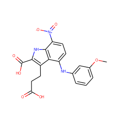 COc1cccc(Nc2ccc([N+](=O)[O-])c3[nH]c(C(=O)O)c(CCC(=O)O)c23)c1 ZINC000299863853