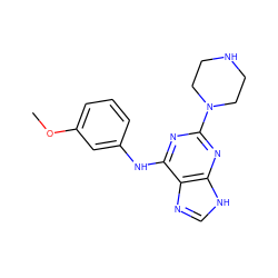 COc1cccc(Nc2nc(N3CCNCC3)nc3[nH]cnc23)c1 ZINC000053314784