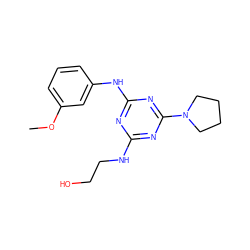 COc1cccc(Nc2nc(NCCO)nc(N3CCCC3)n2)c1 ZINC000012509036