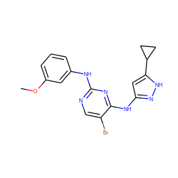 COc1cccc(Nc2ncc(Br)c(Nc3cc(C4CC4)[nH]n3)n2)c1 ZINC000203006913