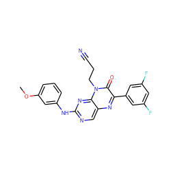 COc1cccc(Nc2ncc3nc(-c4cc(F)cc(F)c4)c(=O)n(CCC#N)c3n2)c1 ZINC000004238409