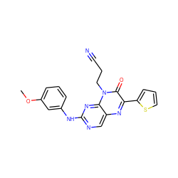 COc1cccc(Nc2ncc3nc(-c4cccs4)c(=O)n(CCC#N)c3n2)c1 ZINC000004239078