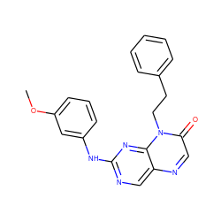 COc1cccc(Nc2ncc3ncc(=O)n(CCc4ccccc4)c3n2)c1 ZINC000004238725