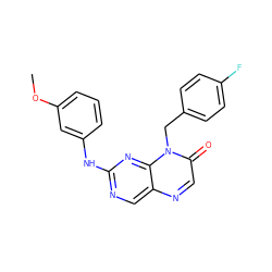 COc1cccc(Nc2ncc3ncc(=O)n(Cc4ccc(F)cc4)c3n2)c1 ZINC000004238695