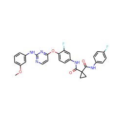 COc1cccc(Nc2nccc(Oc3ccc(NC(=O)C4(C(=O)Nc5ccc(F)cc5)CC4)cc3F)n2)c1 ZINC000169350847