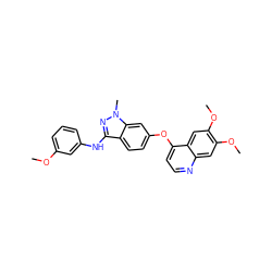 COc1cccc(Nc2nn(C)c3cc(Oc4ccnc5cc(OC)c(OC)cc45)ccc23)c1 ZINC000040393559