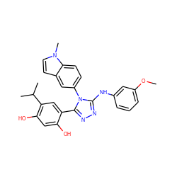 COc1cccc(Nc2nnc(-c3cc(C(C)C)c(O)cc3O)n2-c2ccc3c(ccn3C)c2)c1 ZINC000115809178