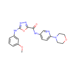 COc1cccc(Nc2nnc(C(=O)Nc3ccc(N4CCOCC4)nc3)o2)c1 ZINC000084709899