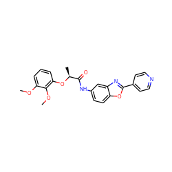 COc1cccc(O[C@@H](C)C(=O)Nc2ccc3oc(-c4ccncc4)nc3c2)c1OC ZINC000095604468