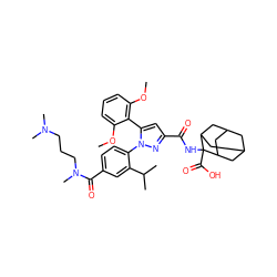 COc1cccc(OC)c1-c1cc(C(=O)NC2(C(=O)O)C3CC4CC(C3)CC2C4)nn1-c1ccc(C(=O)N(C)CCCN(C)C)cc1C(C)C ZINC000003928282