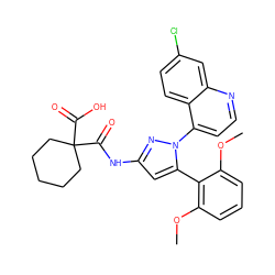 COc1cccc(OC)c1-c1cc(NC(=O)C2(C(=O)O)CCCCC2)nn1-c1ccnc2cc(Cl)ccc12 ZINC000299870854