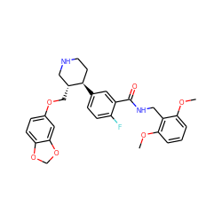 COc1cccc(OC)c1CNC(=O)c1cc([C@@H]2CCNC[C@H]2COc2ccc3c(c2)OCO3)ccc1F ZINC001772619808