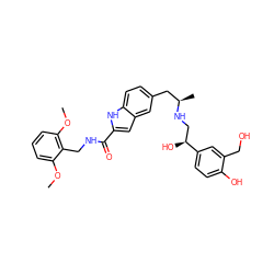 COc1cccc(OC)c1CNC(=O)c1cc2cc(C[C@@H](C)NC[C@H](O)c3ccc(O)c(CO)c3)ccc2[nH]1 ZINC000003948347