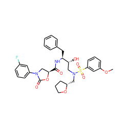 COc1cccc(S(=O)(=O)N(C[C@H]2CCCO2)C[C@@H](O)[C@H](Cc2ccccc2)NC(=O)[C@@H]2CN(c3cccc(F)c3)C(=O)O2)c1 ZINC000049844831