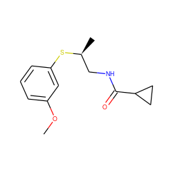 COc1cccc(S[C@@H](C)CNC(=O)C2CC2)c1 ZINC000058582210