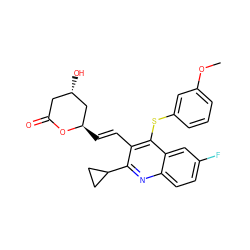 COc1cccc(Sc2c(/C=C/[C@@H]3C[C@@H](O)CC(=O)O3)c(C3CC3)nc3ccc(F)cc23)c1 ZINC000045352399