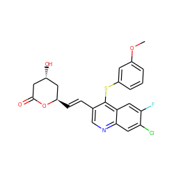 COc1cccc(Sc2c(/C=C/[C@@H]3C[C@@H](O)CC(=O)O3)cnc3cc(Cl)c(F)cc23)c1 ZINC000028876010