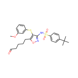 COc1cccc(Sc2c(NS(=O)(=O)c3ccc(C(C)(C)C)cc3)noc2CCCCC=O)c1 ZINC000029545396