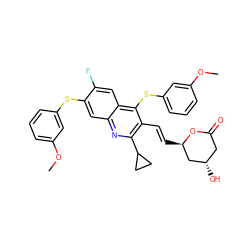 COc1cccc(Sc2cc3nc(C4CC4)c(/C=C/[C@@H]4C[C@@H](O)CC(=O)O4)c(Sc4cccc(OC)c4)c3cc2F)c1 ZINC000049771849