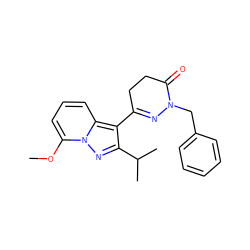 COc1cccc2c(C3=NN(Cc4ccccc4)C(=O)CC3)c(C(C)C)nn12 ZINC000071340540