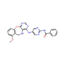 COc1cccc2c1CNc1c(Nc3cnc(NC(=O)c4ccccc4)nc3)ncnc1O2 ZINC000028564774