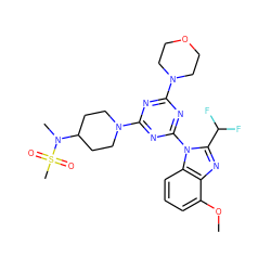 COc1cccc2c1nc(C(F)F)n2-c1nc(N2CCOCC2)nc(N2CCC(N(C)S(C)(=O)=O)CC2)n1 ZINC000113914602