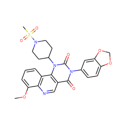 COc1cccc2c1ncc1c(=O)n(-c3ccc4c(c3)OCO4)c(=O)n(C3CCN(S(C)(=O)=O)CC3)c12 ZINC000117790649