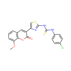 COc1cccc2cc(-c3csc(NC(=S)Nc4ccc(Cl)cc4)n3)c(=O)oc12 ZINC000261164448