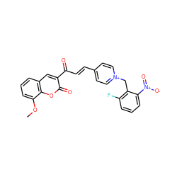 COc1cccc2cc(C(=O)/C=C/c3cc[n+](Cc4c(F)cccc4[N+](=O)[O-])cc3)c(=O)oc12 ZINC000095561104