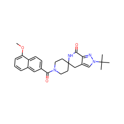 COc1cccc2cc(C(=O)N3CCC4(CC3)Cc3cn(C(C)(C)C)nc3C(=O)N4)ccc12 ZINC000261153409