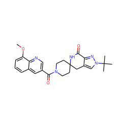 COc1cccc2cc(C(=O)N3CCC4(CC3)Cc3cn(C(C)(C)C)nc3C(=O)N4)cnc12 ZINC000261129728