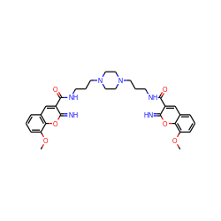 COc1cccc2cc(C(=O)NCCCN3CCN(CCCNC(=O)c4cc5cccc(OC)c5oc4=N)CC3)c(=N)oc12 ZINC000084669745